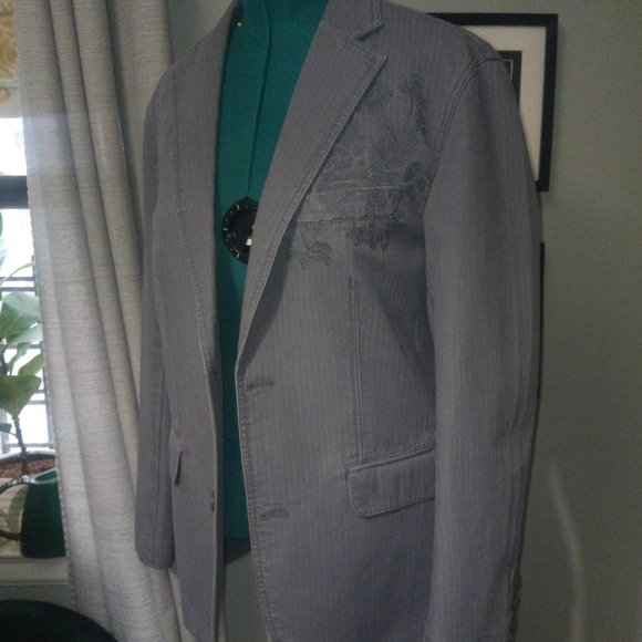 INC Grey Denim-Style Tonal Striped Blazer with Chest Embroidery Sz M NWT - Picture 8 of 16